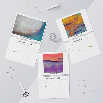 Three calendar pages for January, February, and March 2026 on a light gray background with stationery items.