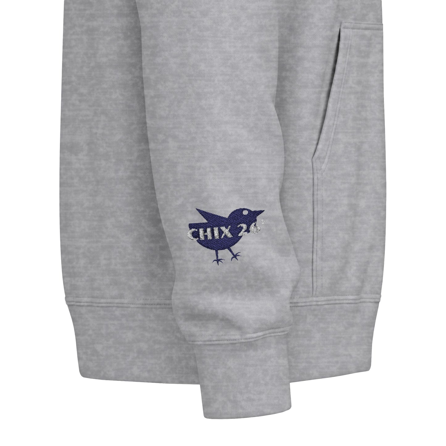Chix 2026 Full-Zip Hoodie — embroidered dark logos on chest and wrist