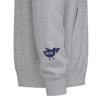 Chix 2026 Full-Zip Hoodie — embroidered dark logos on chest and wrist