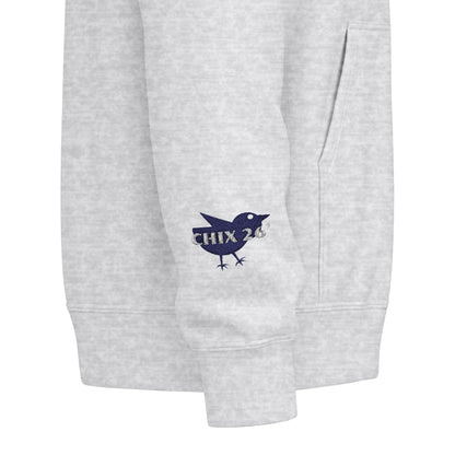 Chix 2026 Full-Zip Hoodie — embroidered dark logos on chest and wrist