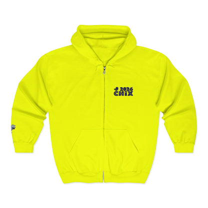 Chix 2026 Full-Zip Hoodie — embroidered dark logos on chest and wrist