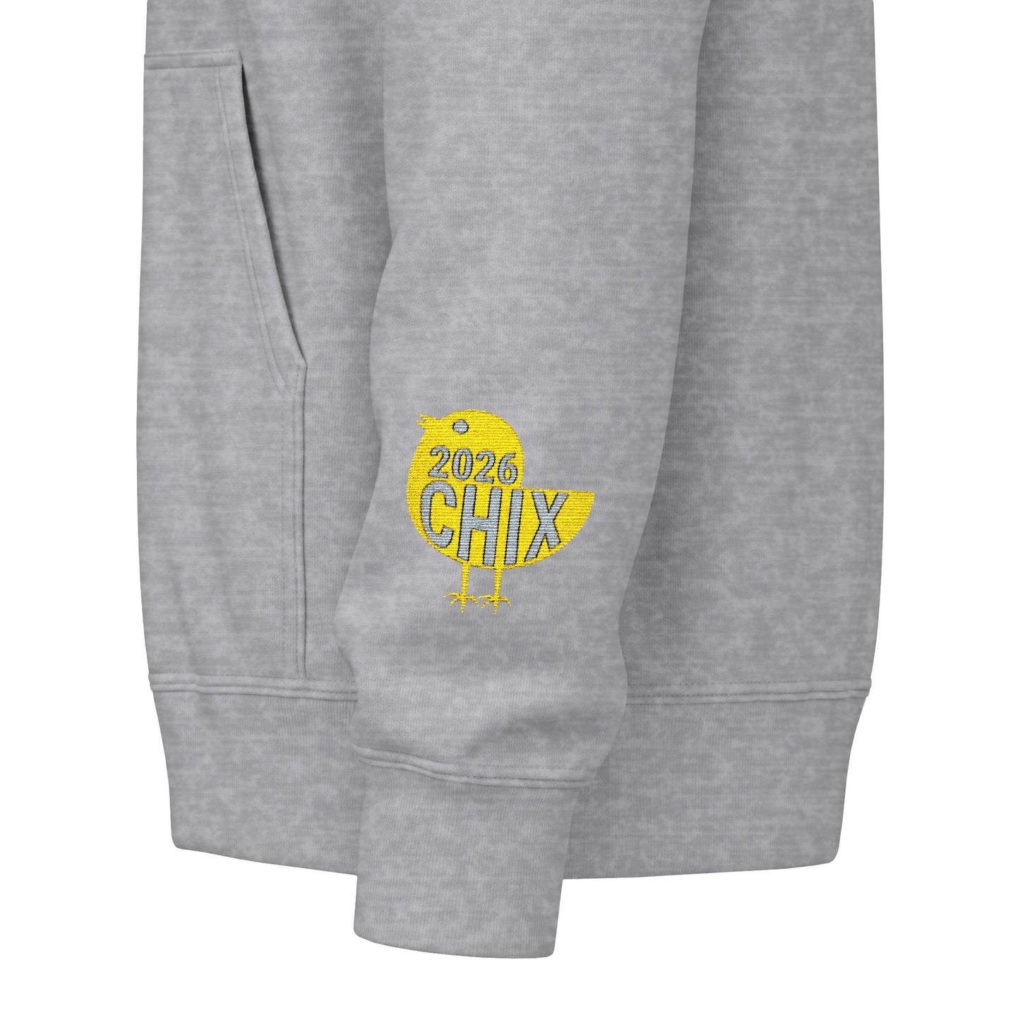 Chix 2026 Full-Zip Hoodie (fixed) — embroidered light logos on chest and wrist