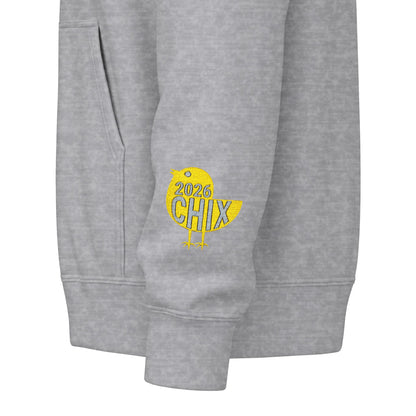 Chix 2026 Full-Zip Hoodie (fixed) — embroidered light logos on chest and wrist