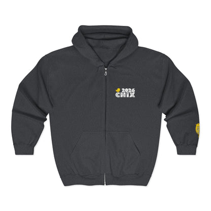 Chix 2026 Full-Zip Hoodie — embroidered light logos on chest and wrist