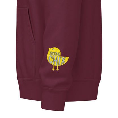 Chix 2026 Full-Zip Hoodie (fixed) — embroidered light logos on chest and wrist