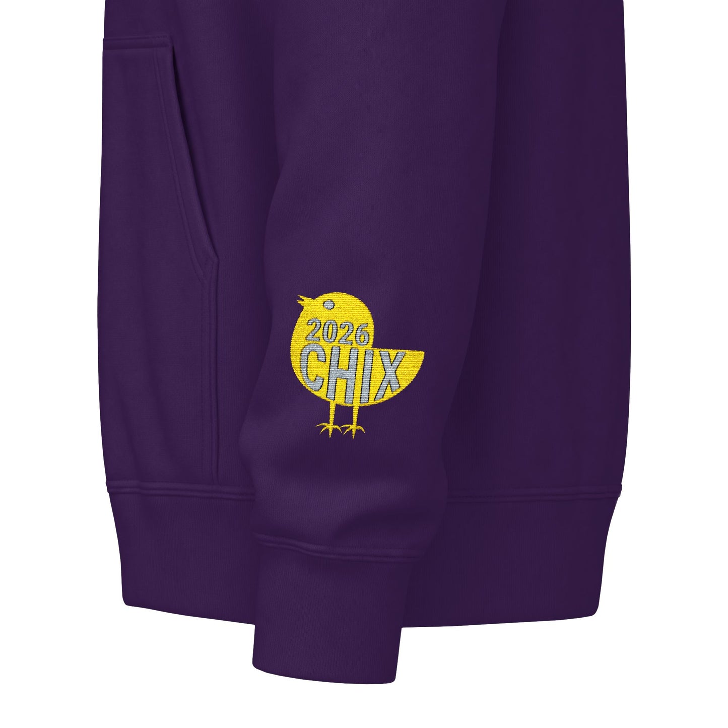 Chix 2026 Full-Zip Hoodie (fixed) — embroidered light logos on chest and wrist