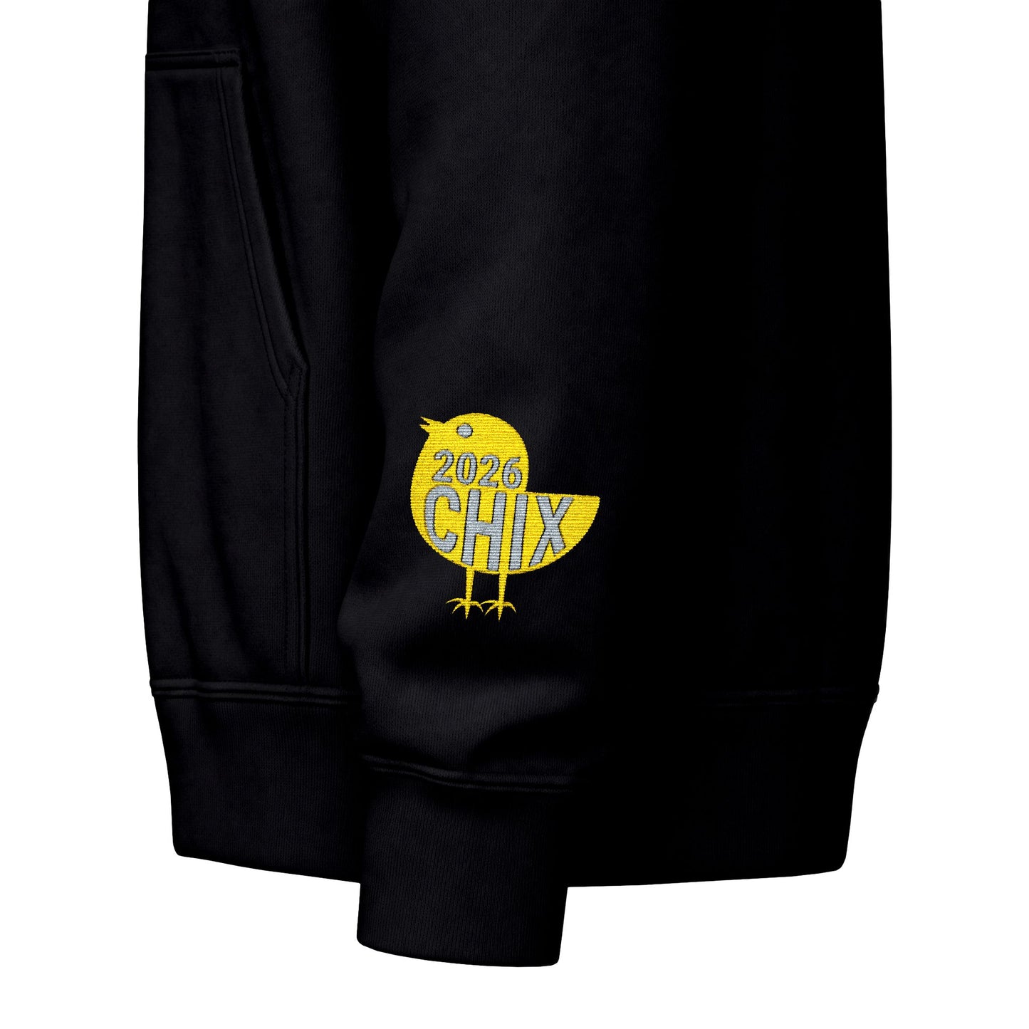 Chix 2026 Full-Zip Hoodie (fixed) — embroidered light logos on chest and wrist