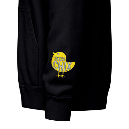 Chix 2026 Full-Zip Hoodie (fixed) — embroidered light logos on chest and wrist