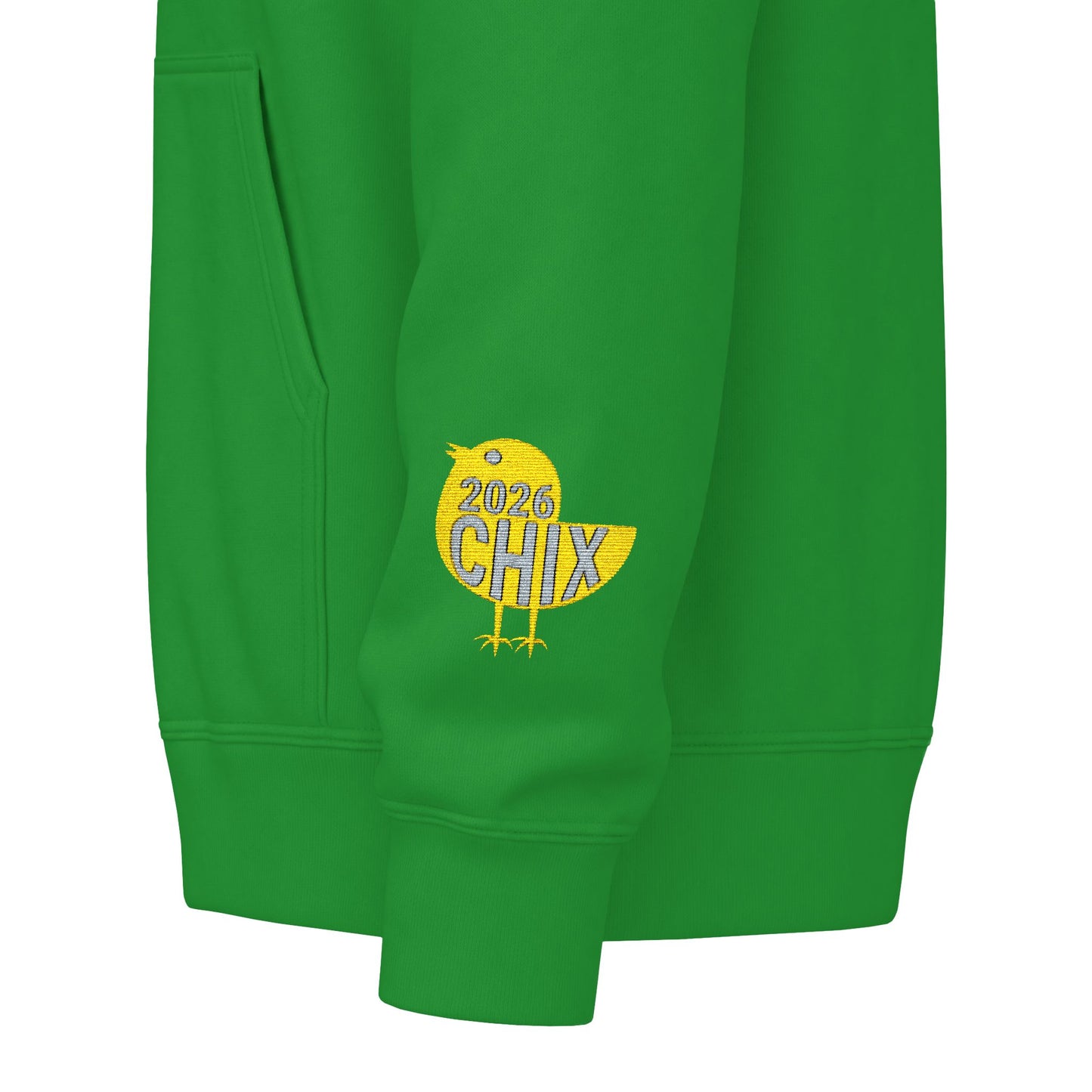 Chix 2026 Full-Zip Hoodie (fixed) — embroidered light logos on chest and wrist