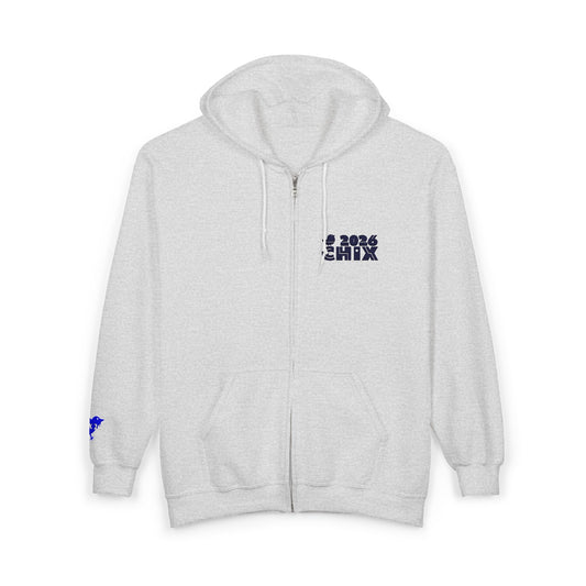 Chix 2026 Full-Zip Hoodie — embroidered dark logos on chest and wrist