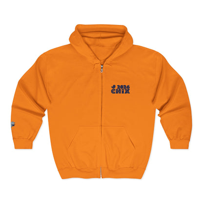 Chix 2026 Full-Zip Hoodie — embroidered dark logos on chest and wrist