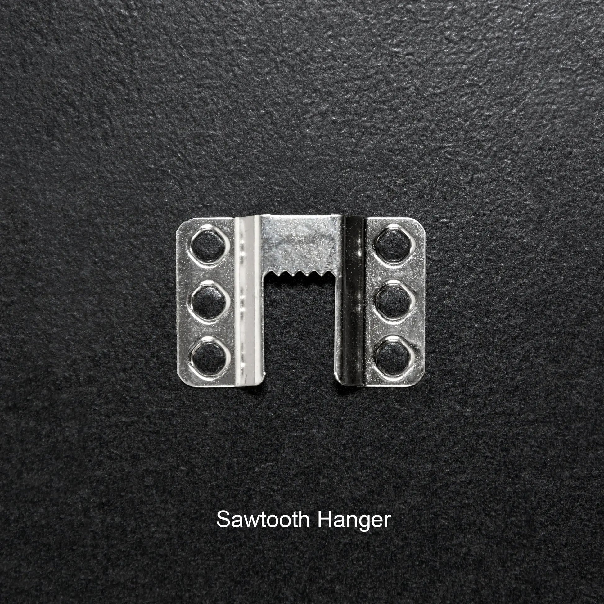 Sawtooth hanger on a black background with 'Sawtooth Hanger' text below.