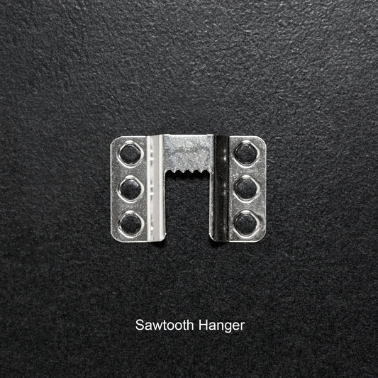 Sawtooth hanger on a black background with 'Sawtooth Hanger' text below.