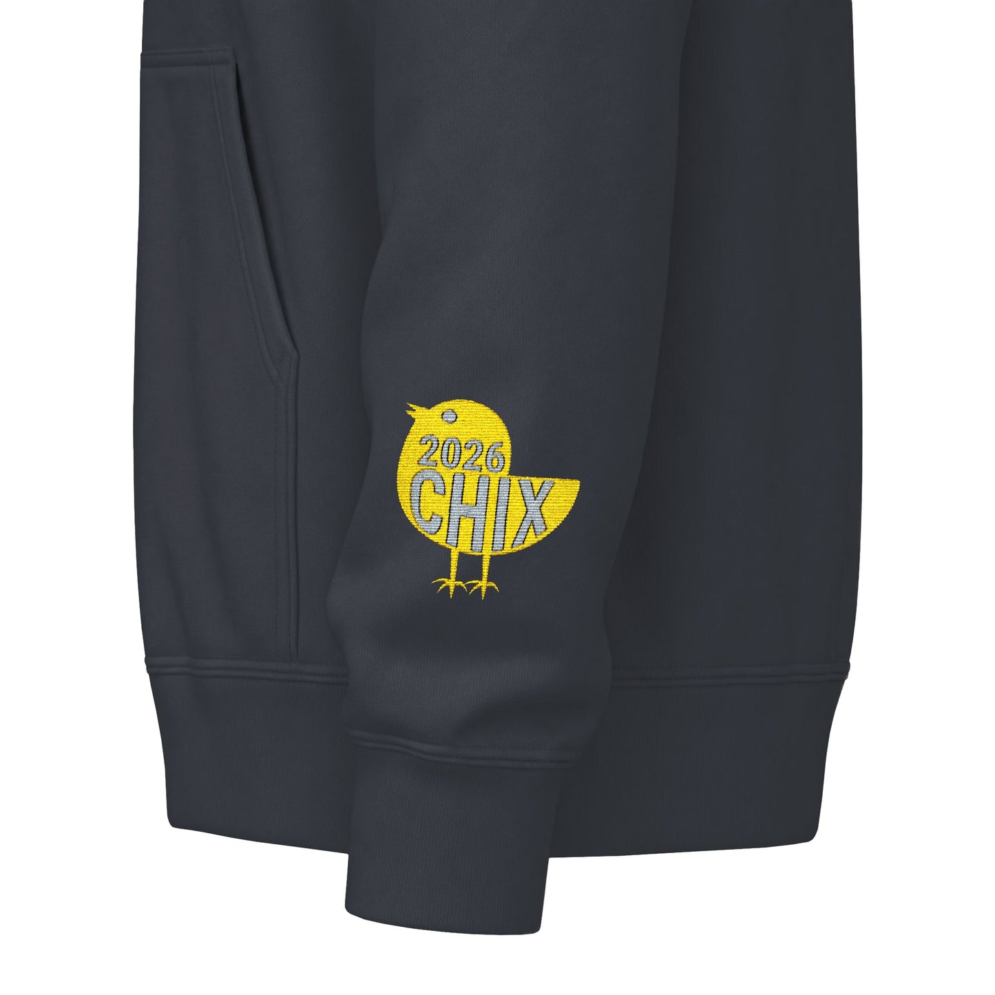 Chix 2026 Full-Zip Hoodie (fixed) — embroidered light logos on chest and wrist