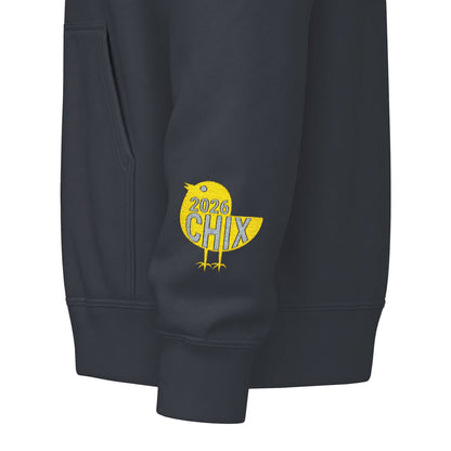 Chix 2026 Full-Zip Hoodie (fixed) — embroidered light logos on chest and wrist