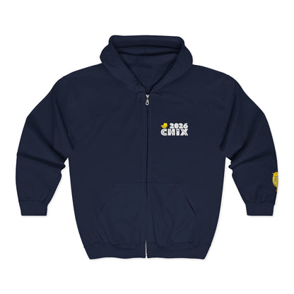 Chix 2026 Full-Zip Hoodie — embroidered light logos on chest and wrist