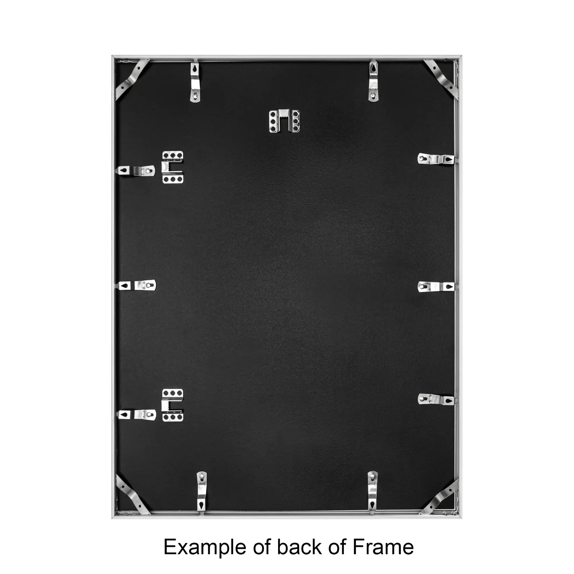 Back view of a black picture frame with metal