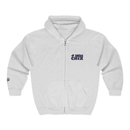 Chix 2026 Full-Zip Hoodie — embroidered dark logos on chest and wrist