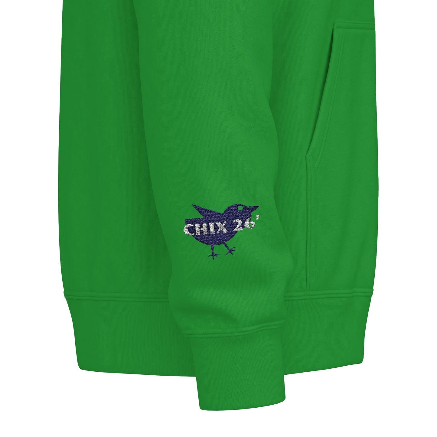 Chix 2026 Full-Zip Hoodie — embroidered dark logos on chest and wrist