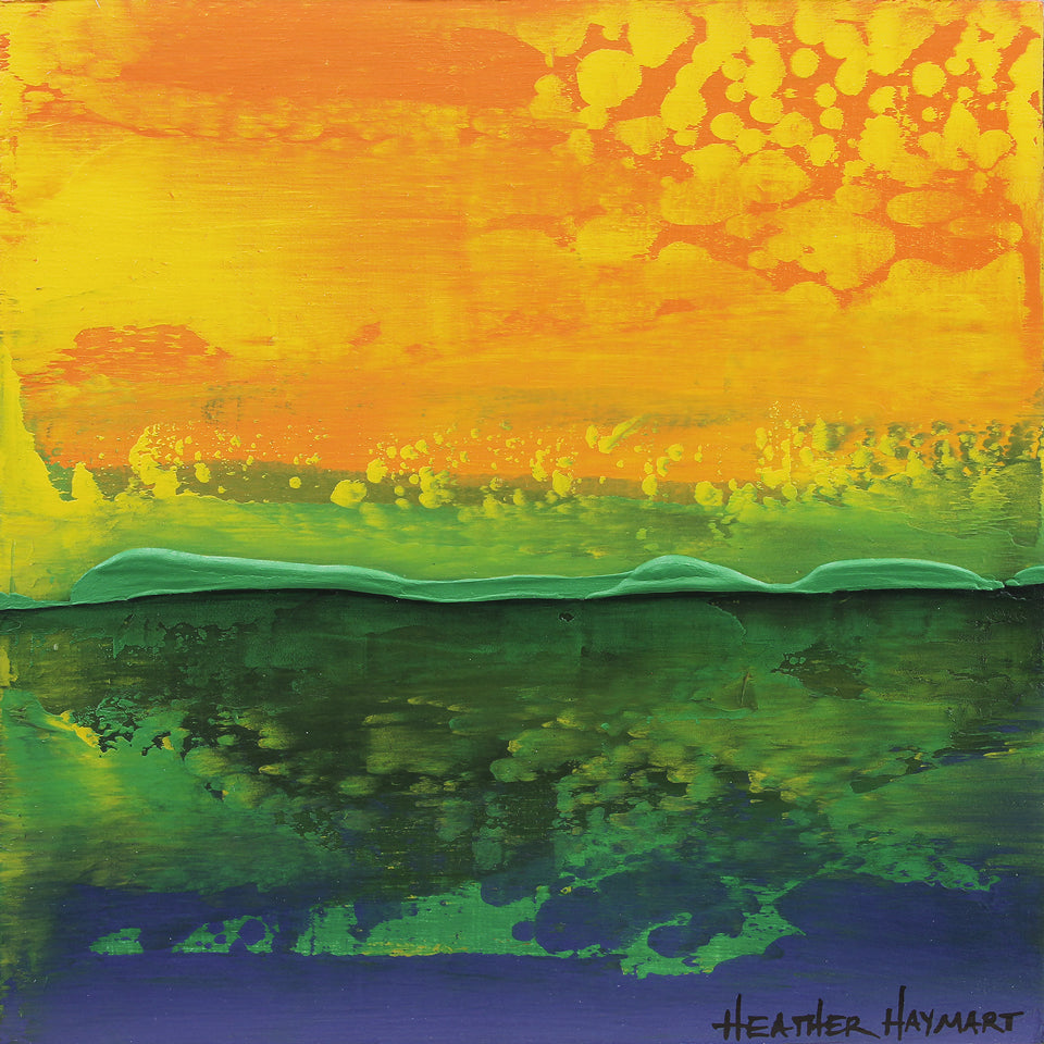 Abstract painting with layers of orange, yellow, green, and blue by Heather Haymart.