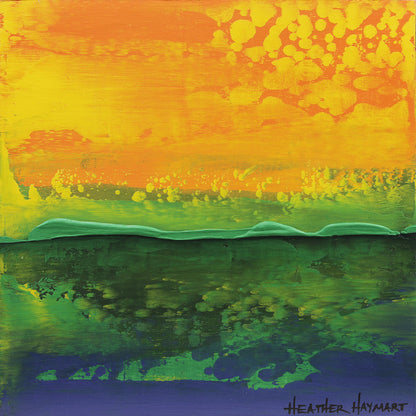Abstract painting with layers of orange, yellow, green, and blue by Heather Haymart.