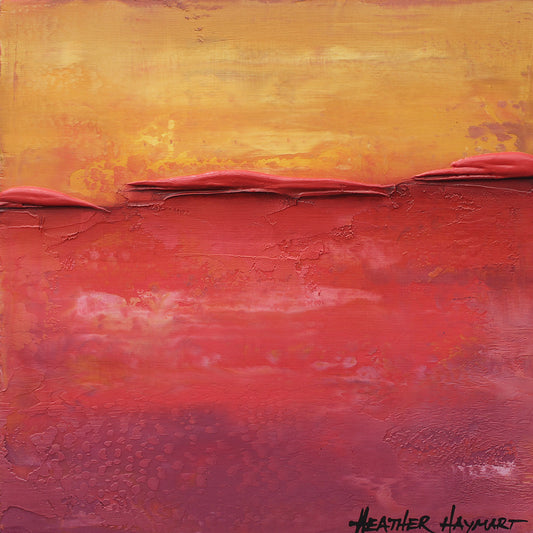 "Afterglow" is a small abstract landscape painting with shades of yellow and hints of red in the top portion, shades of red and plum in the bottom portion and a metallic&nbsp; red raised ledge horizon line.