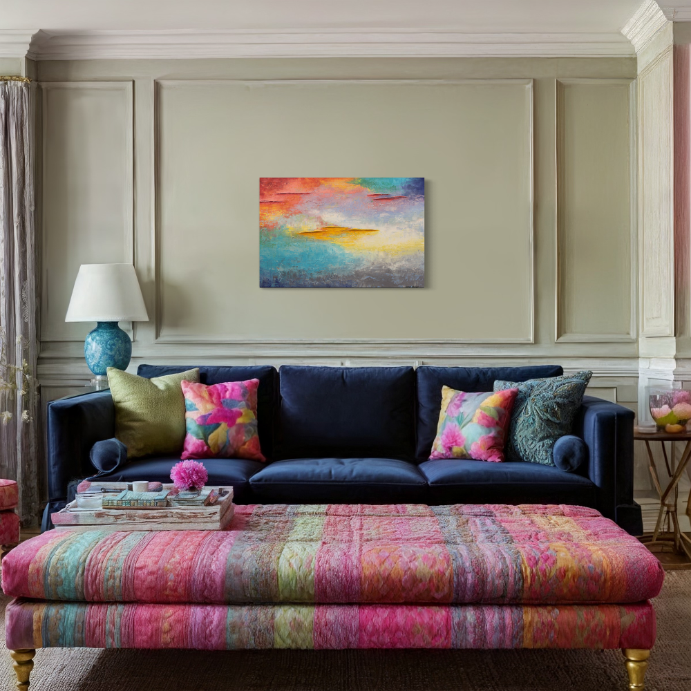 "As Spring Stakes its claim" on the wall in colorful living room