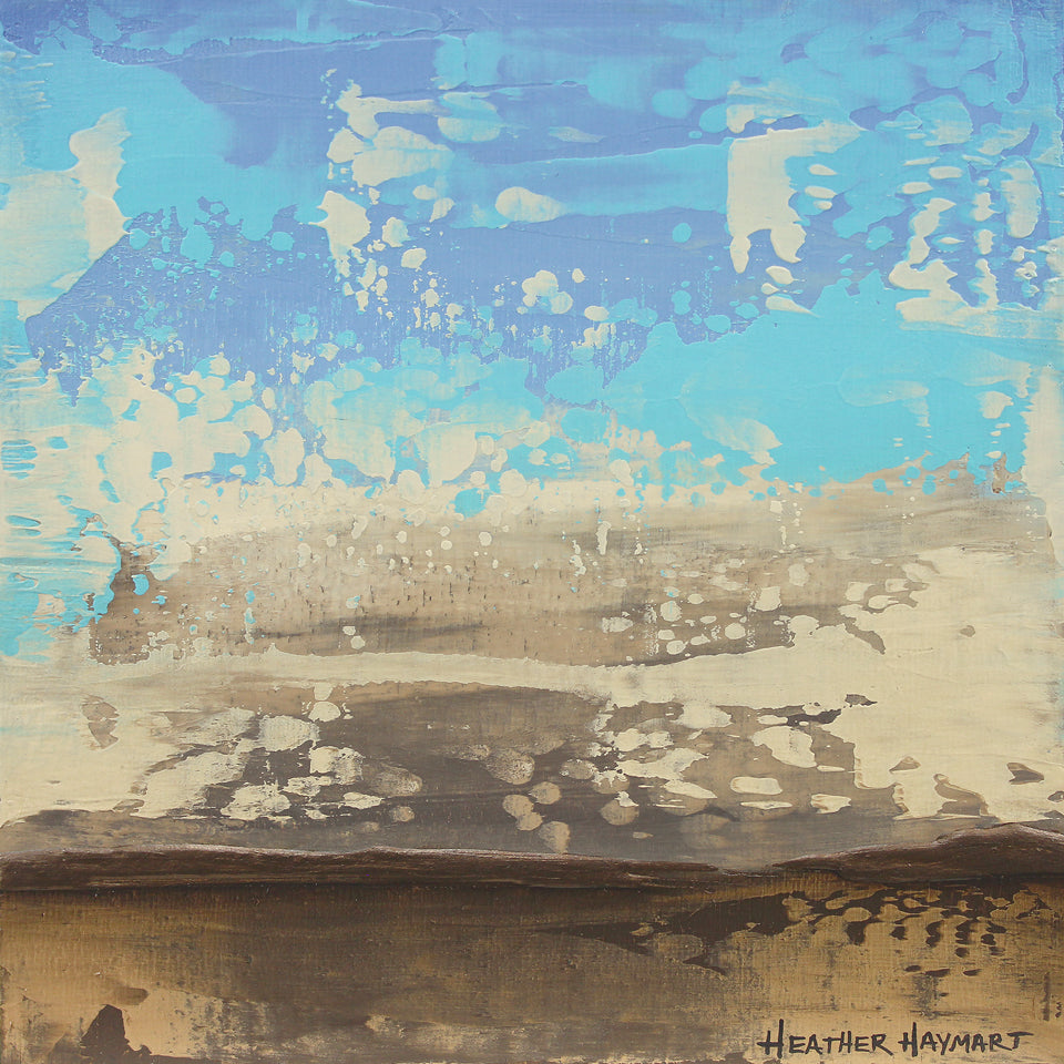 Abstract art piece with blue, beige, and brown colors by Heather Haymart.