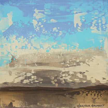 Abstract art piece with blue, beige, and brown colors by Heather Haymart.