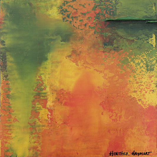 Abstract art with orange, green, and red colors by Heather Haymart