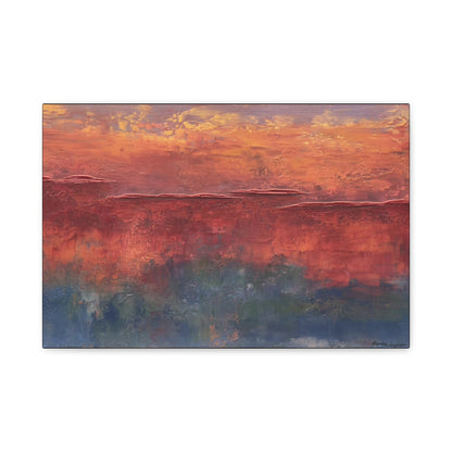 Abstract art print with warm orange and red tones over a cooler blue and purple landscape