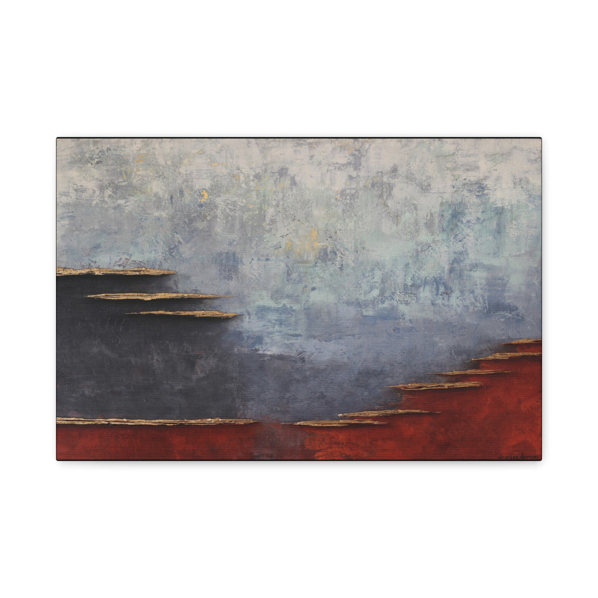 Large abstract canvas print with rust, charcoal and light blue neutrals and bronze highlights