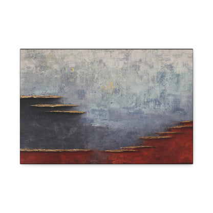 Large abstract canvas print with rust, charcoal and light blue neutrals and bronze highlights