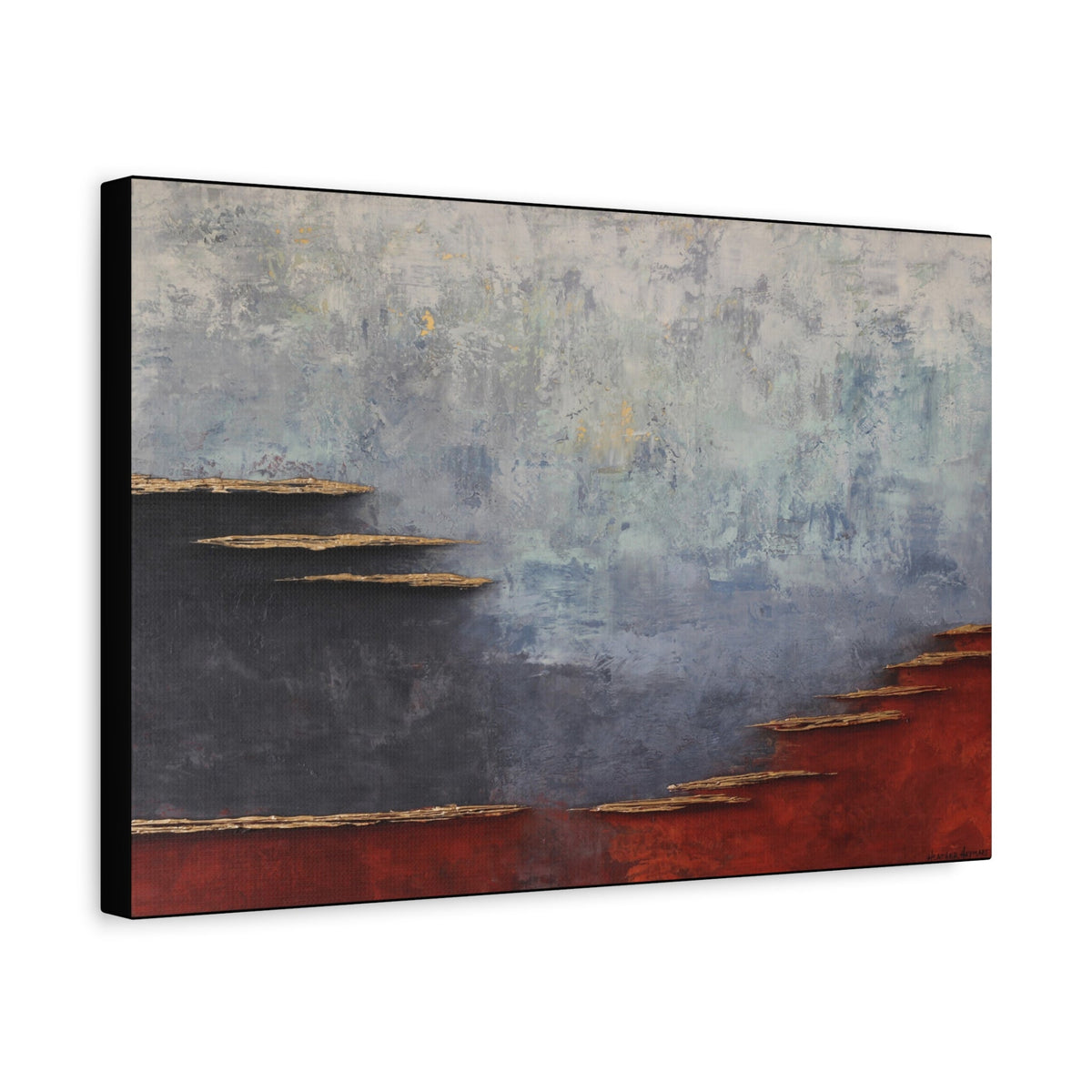 Side view of large abstract canvas print with rust, charcoal and light blue neutrals and bronze highlights