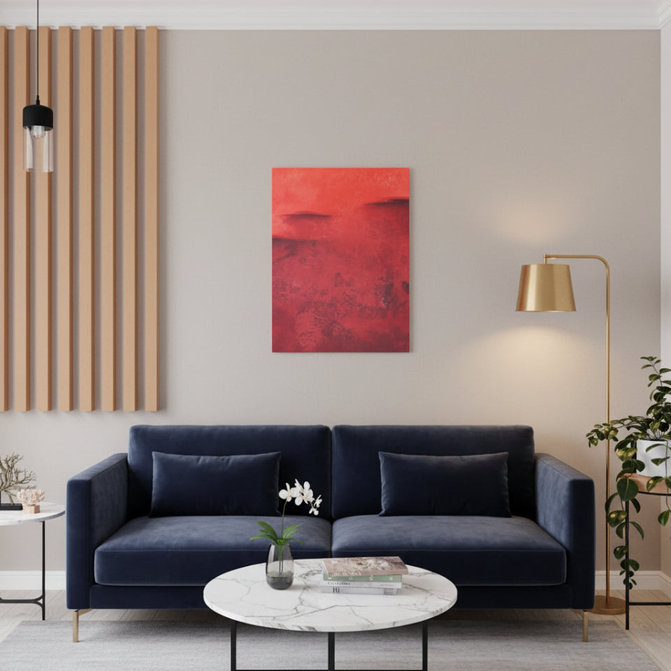 Modern interior with a red abstract painting on a dark wall, wooden shelves, and decorative items.