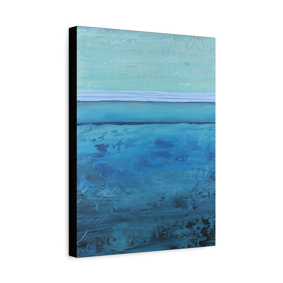 Abstract canvas art print with blue and green gradient on a white background side view