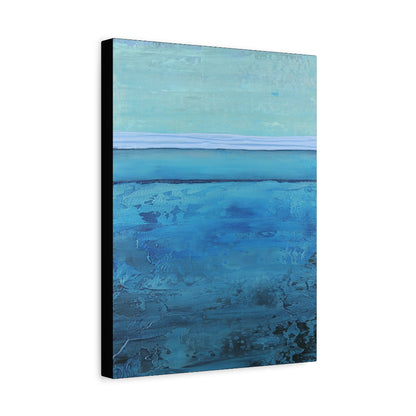 Abstract canvas art print with blue and green gradient on a white background side view
