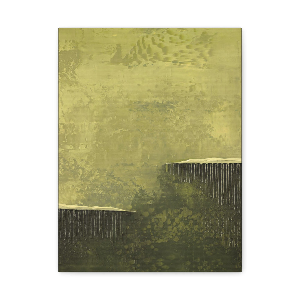 Abstract art piece with a textured green and brown color scheme on a white background
