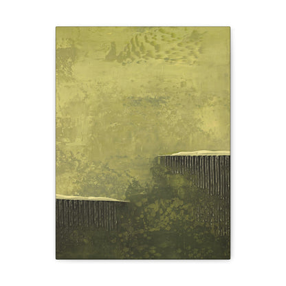 Abstract art piece with a textured green and brown color scheme on a white background