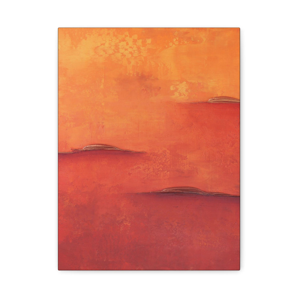 Abstract canvas art print with warm orange and red tones on a white background
