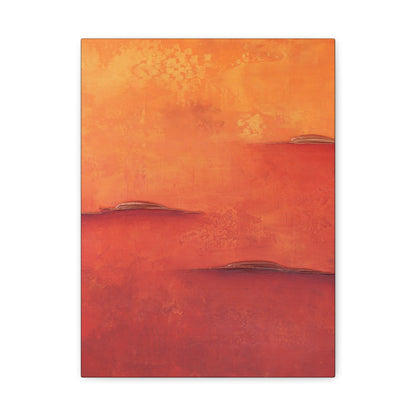 Abstract canvas art print with warm orange and red tones on a white background