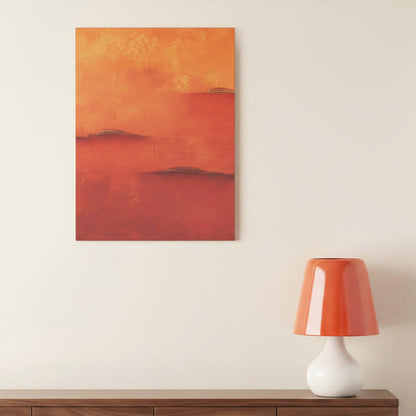 Orange abstract canvas art print on a wall above a shelf with decor items
