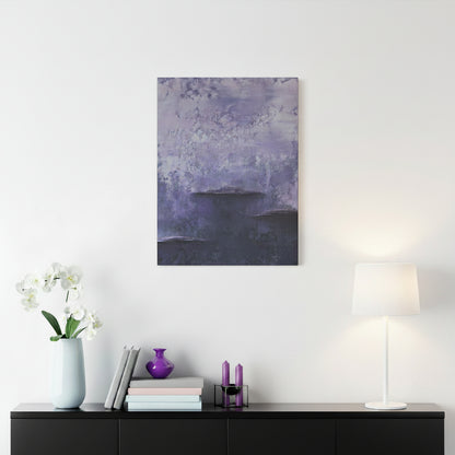 Abstract canvas print purple painting on a white wall above a shelf with decor items.