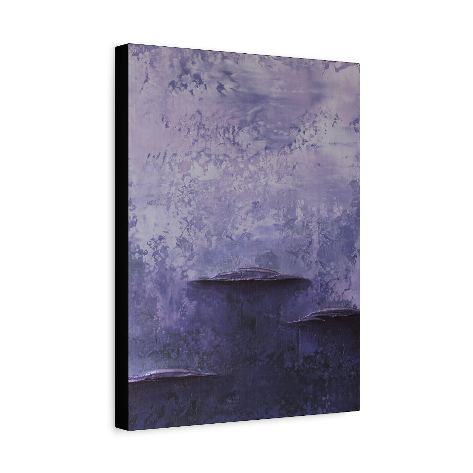 Abstract purple and blue canvas print on a white background side veiew