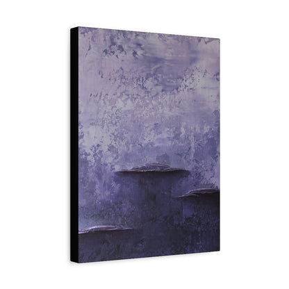 Abstract purple and blue canvas print on a white background side veiew