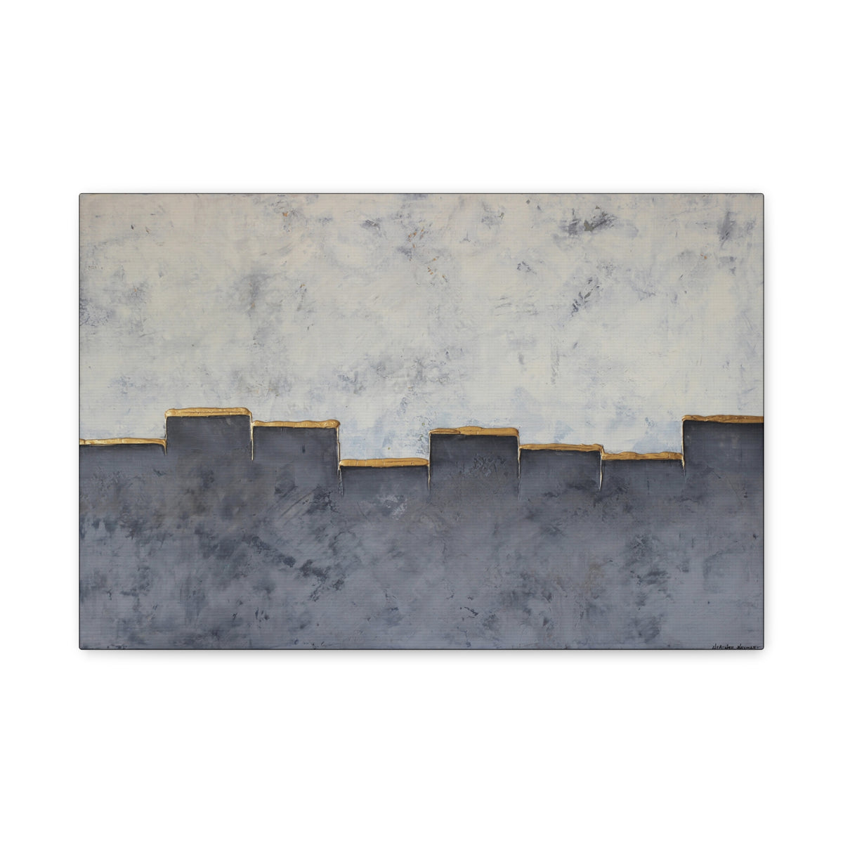 gray and white art with gold accents