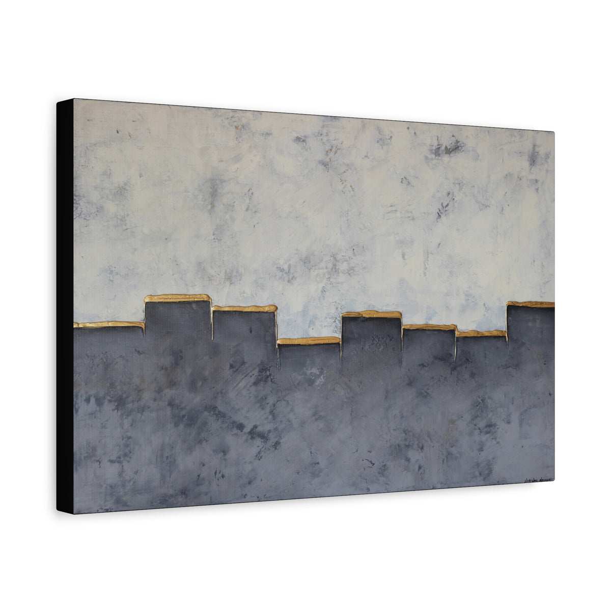 gray and white abstract art with gold accents