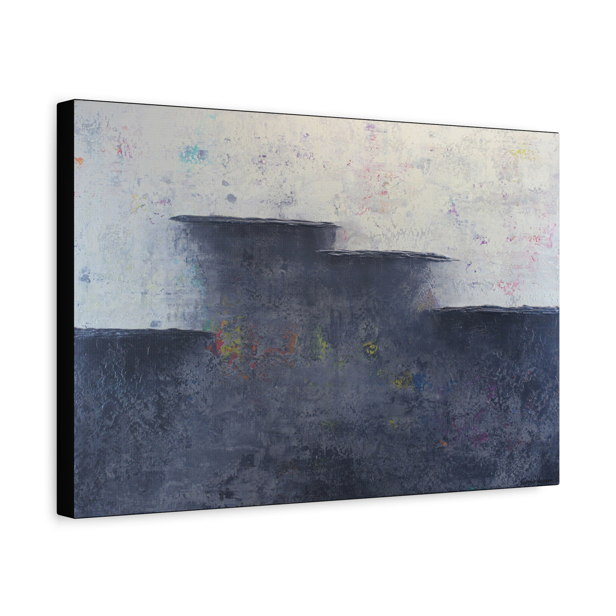 charcoal and white abstract art with metallic accents and hints of color side view