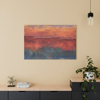 Abstract painting on a dark wall with wooden shelves and decor items.