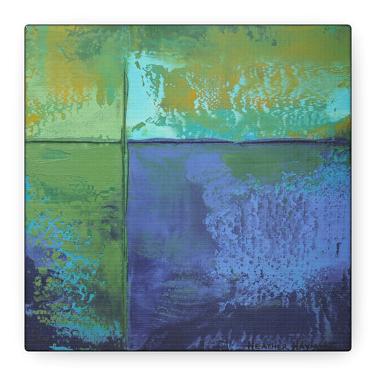 Abstract art piece with green and blue colors on a white background